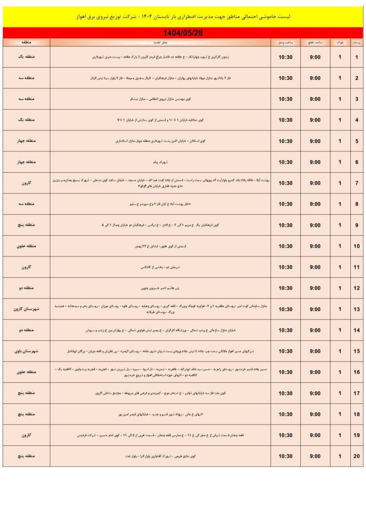 جدول قطعی برق اهواز امروز سه شنبه 28 مرداد 1404