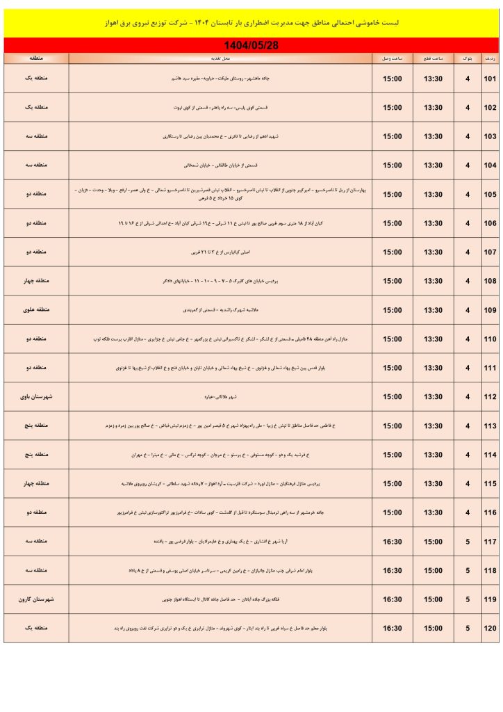 جدول قطعی برق اهواز امروز سه شنبه 28 مرداد 1404