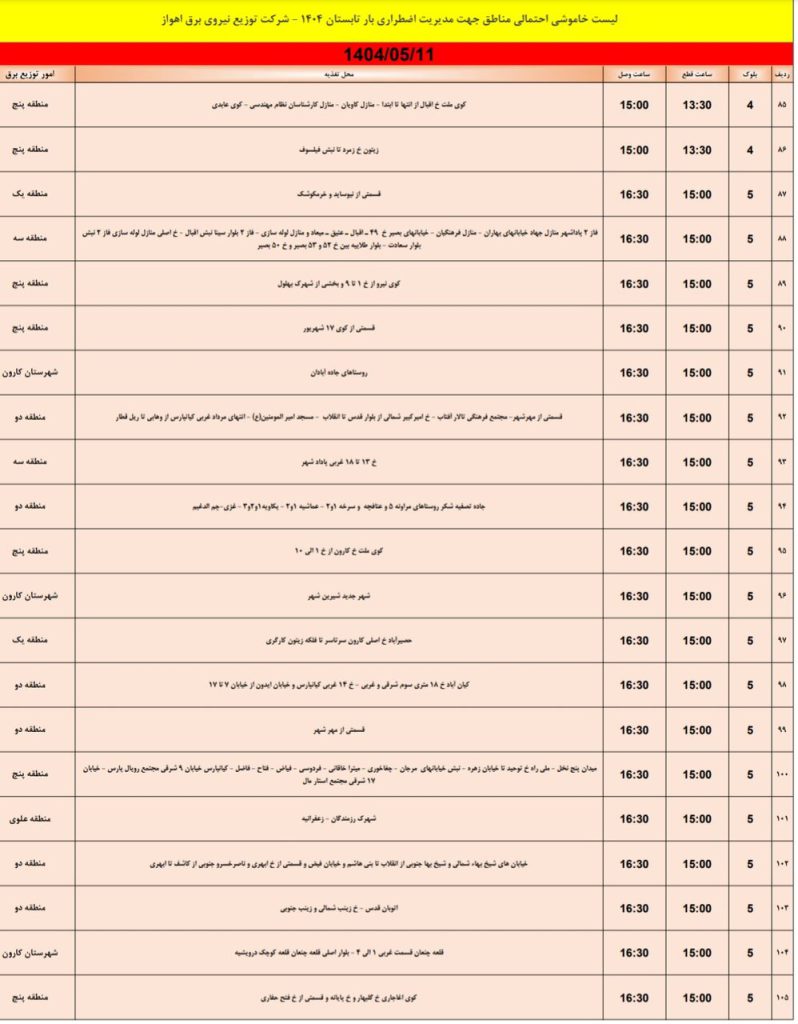 جدول قطعی برق اهواز امروز شنبه 11 مرداد 1404