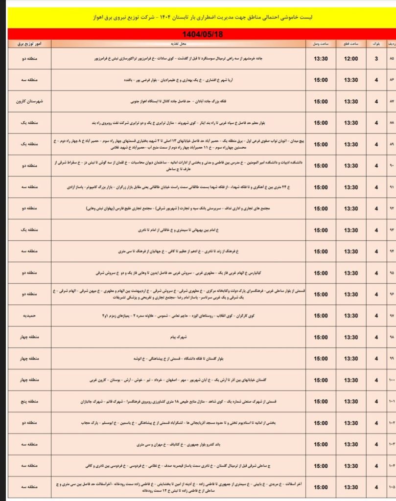 جدول قطعی برق اهواز امروز شنبه 18 مرداد 1404