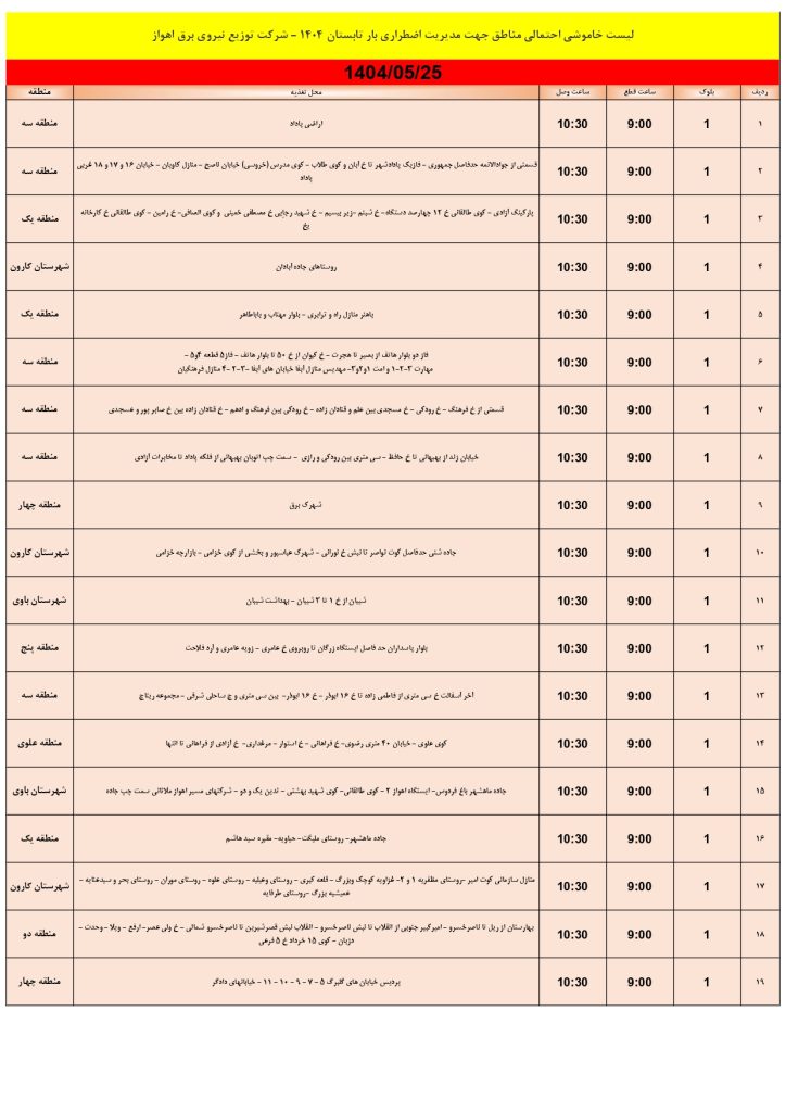 جدول قطعی برق اهواز امروز شنبه 25 مرداد 1404