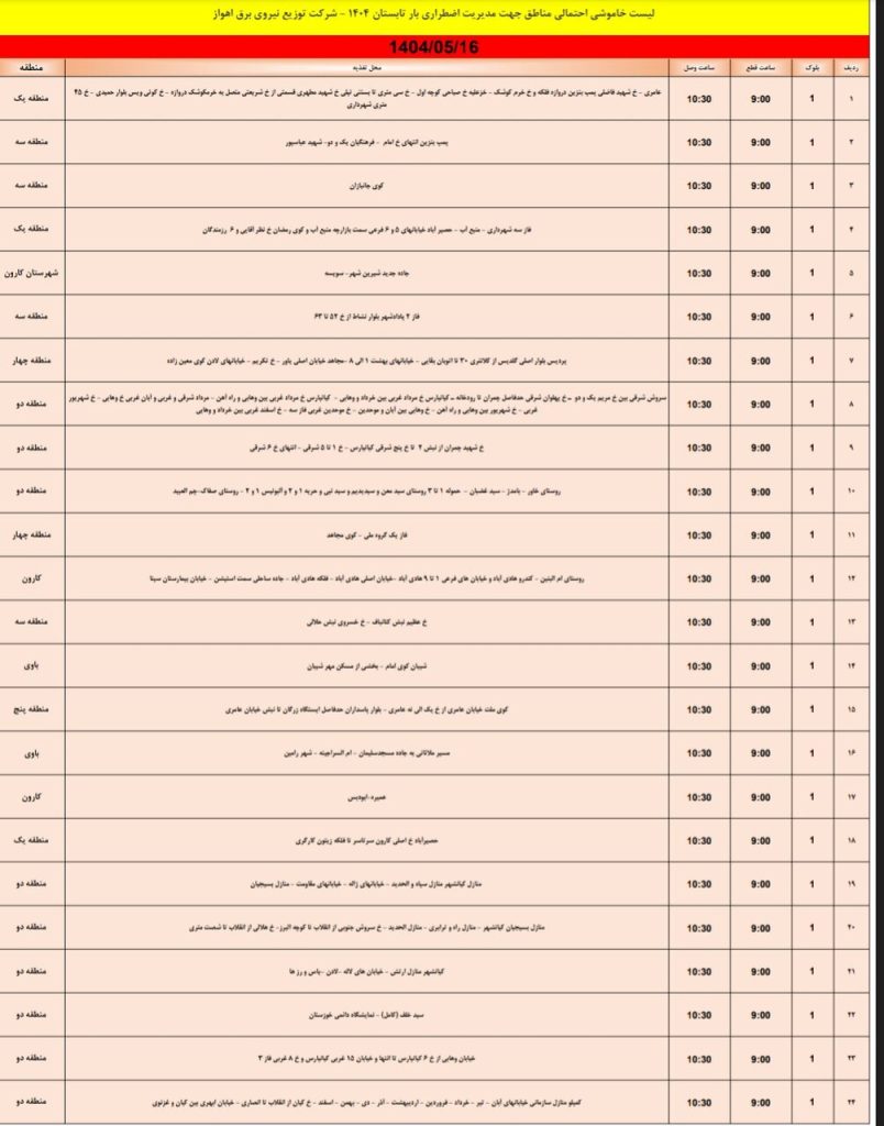 جدول قطعی برق اهواز امروز پنجشنبه 16 مرداد 1404
