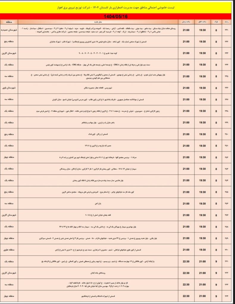 جدول قطعی برق اهواز امروز پنجشنبه 16 مرداد 1404