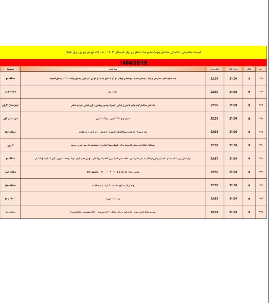 جدول قطعی برق اهواز امروز پنجشنبه 16 مرداد 1404