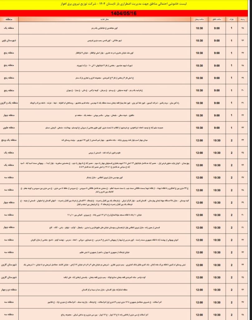 جدول قطعی برق اهواز امروز پنجشنبه 16 مرداد 1404