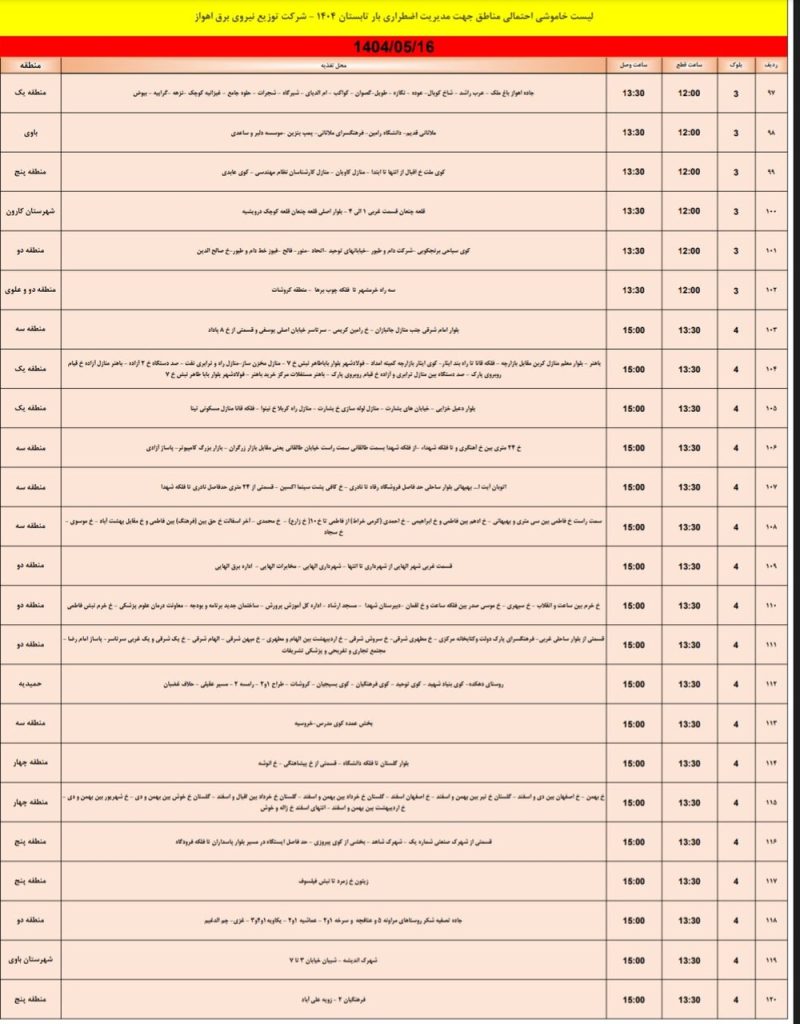 جدول قطعی برق اهواز امروز پنجشنبه 16 مرداد 1404