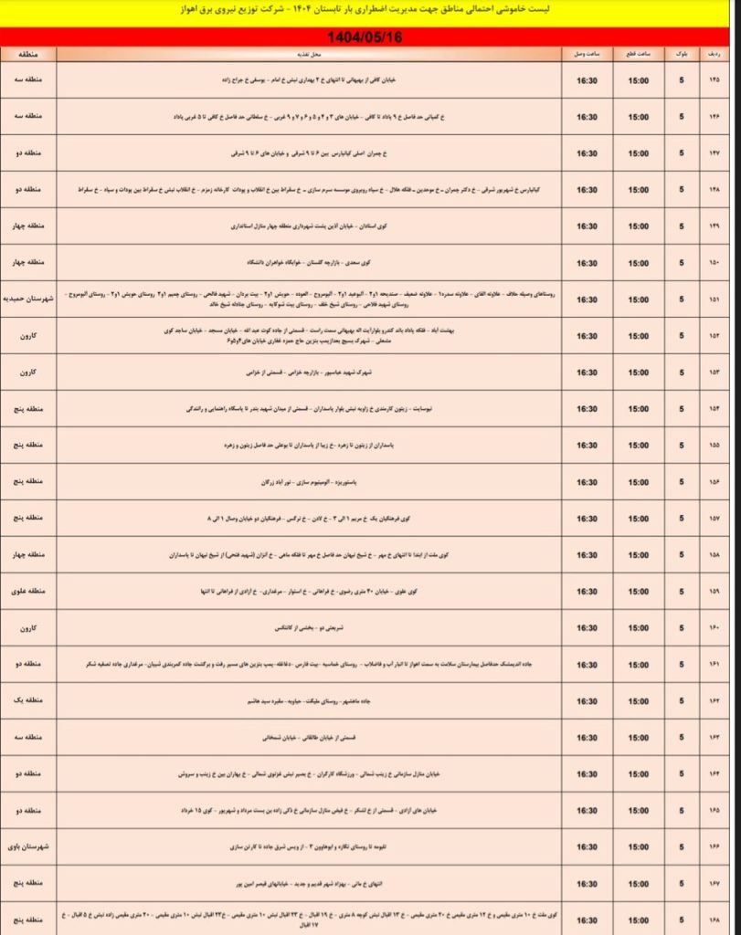 جدول قطعی برق اهواز امروز پنجشنبه 16 مرداد 1404