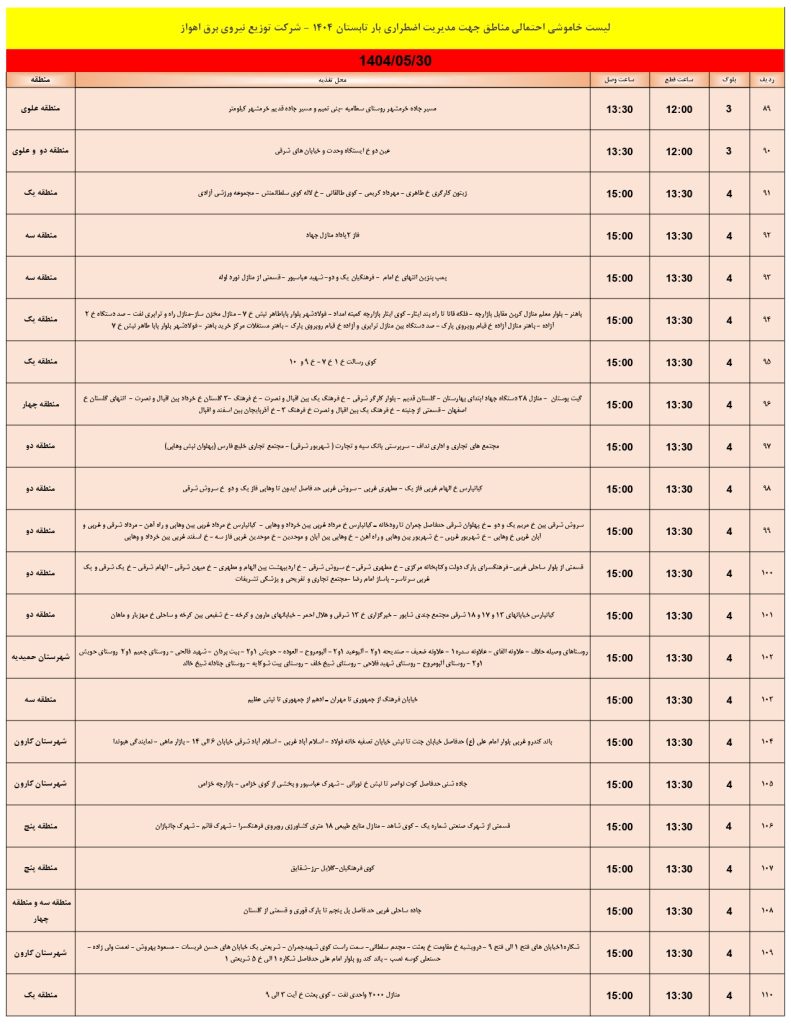 جدول قطعی برق اهواز امروز پنجشنبه 30 مرداد 1404