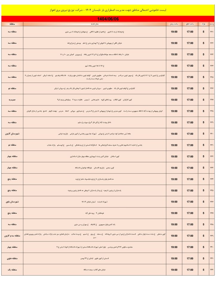 جدول قطعی برق اهواز امروز پنجشنبه 6 شهریور 1404