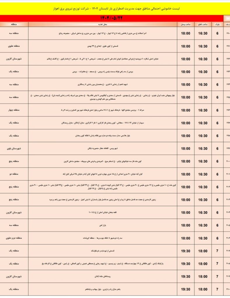 جدول قطعی برق اهواز امروز چهارشنبه 22 مرداد 1404