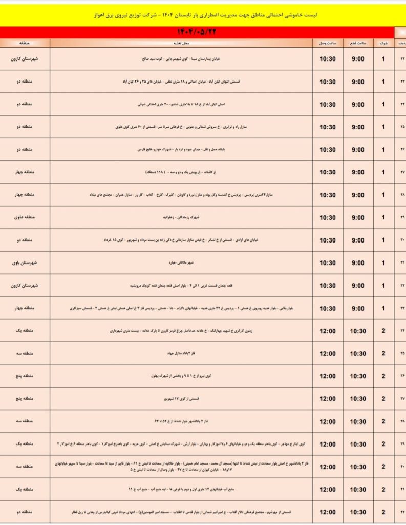 جدول قطعی برق اهواز امروز چهارشنبه 22 مرداد 1404