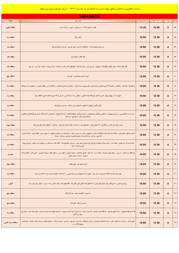 جدول قطعی برق اهواز امروز چهارشنبه 29 مرداد 1404