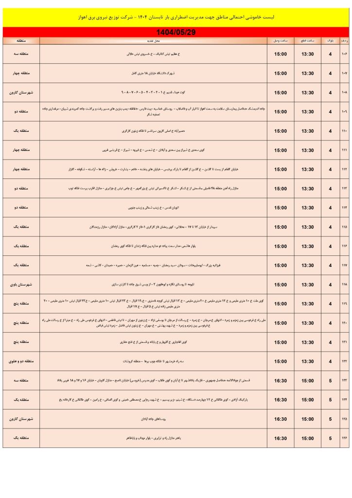 جدول قطعی برق اهواز امروز چهارشنبه 29 مرداد 1404