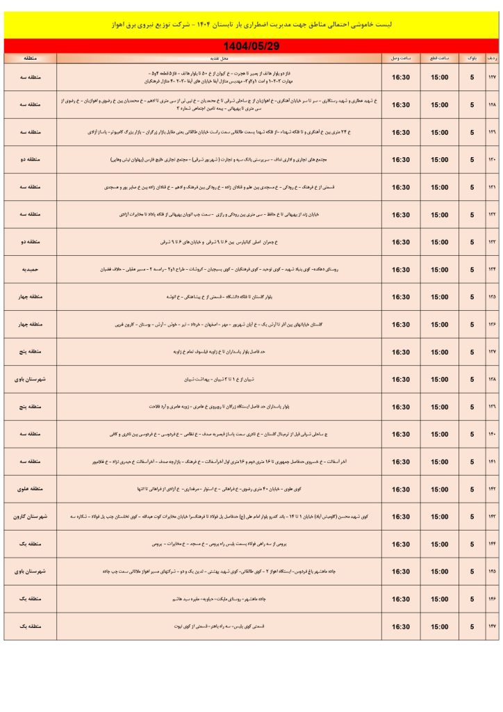 جدول قطعی برق اهواز امروز چهارشنبه 29 مرداد 1404