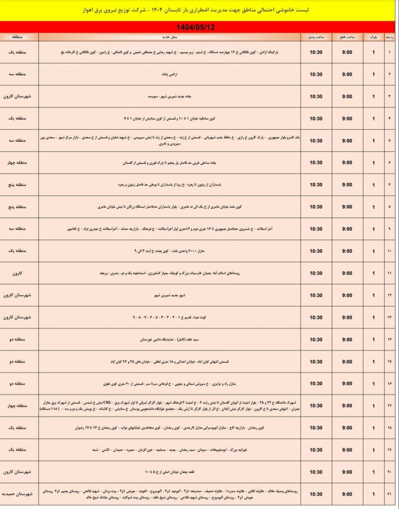 جدول قطعی برق اهواز امروز یکشنبه 12 مرداد 1404
