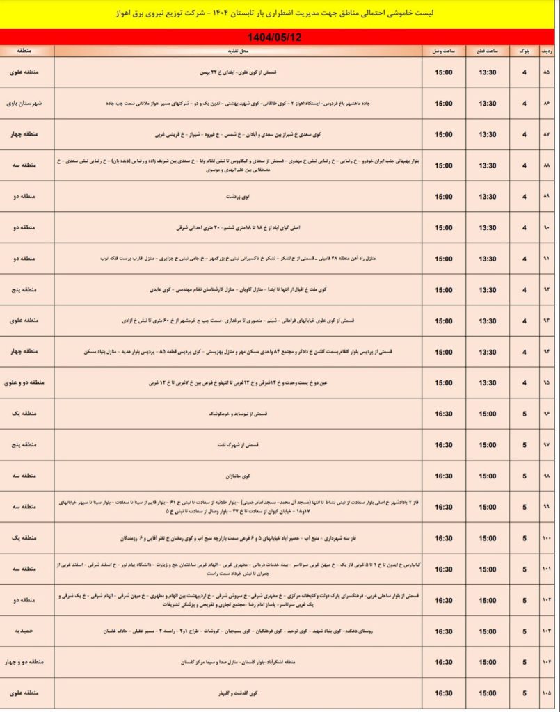 جدول قطعی برق اهواز امروز یکشنبه 12 مرداد 1404