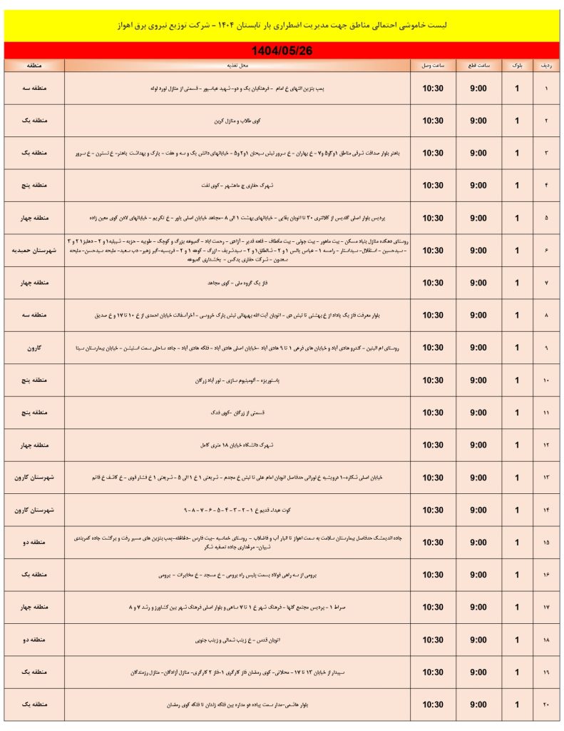 جدول قطعی برق اهواز امروز یکشنبه 26 مرداد 1404
