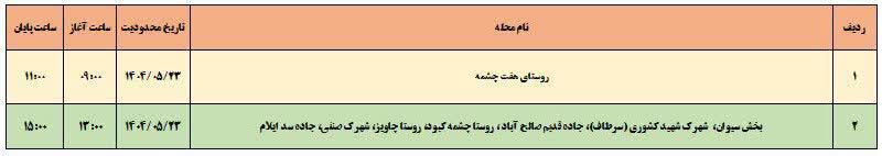 جدول قطعی برق ایلام امروز پنجشنبه 23 مرداد 1404 جدول قطعی برق ایلام امروز پنجشنبه 23 مرداد 1404