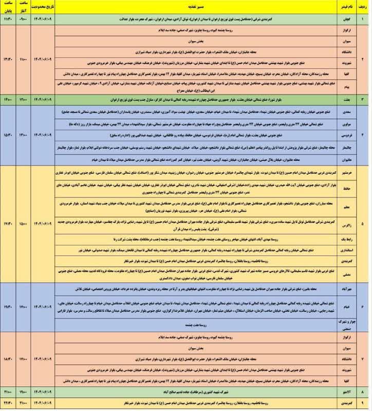 جدول قطعی برق ایلام امروز یکشنبه 9 شهریور 1404 جدول قطعی برق ایلام امروز یکشنبه 9 شهریور 1404