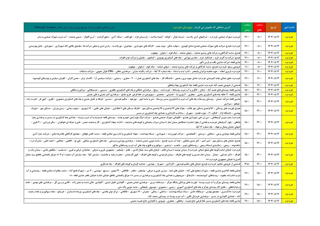 جدول قطعی برق زنجان امروز دوشنبه 13 مرداد 1404
