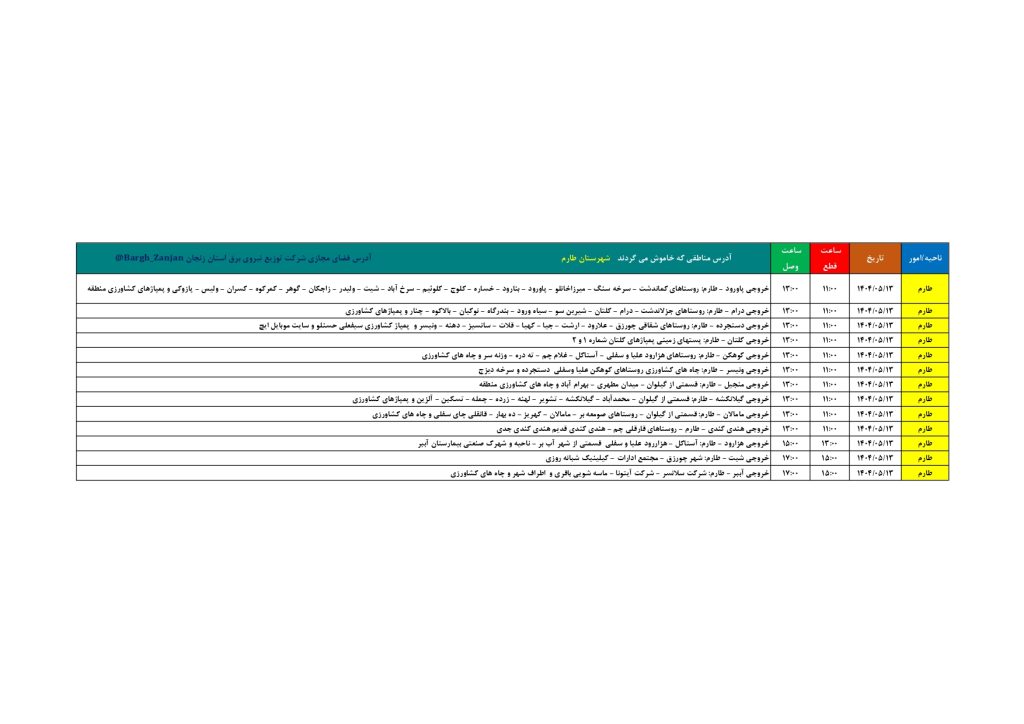 جدول قطعی برق زنجان امروز دوشنبه 13 مرداد 1404