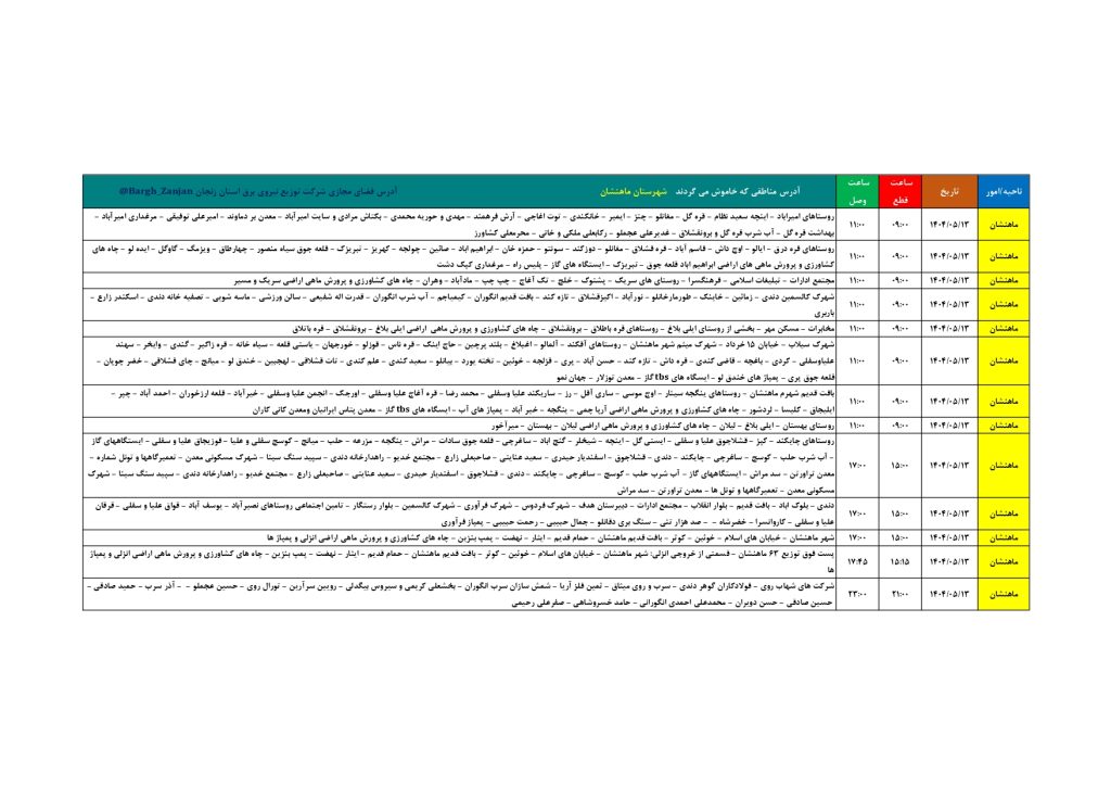 جدول قطعی برق زنجان امروز دوشنبه 13 مرداد 1404