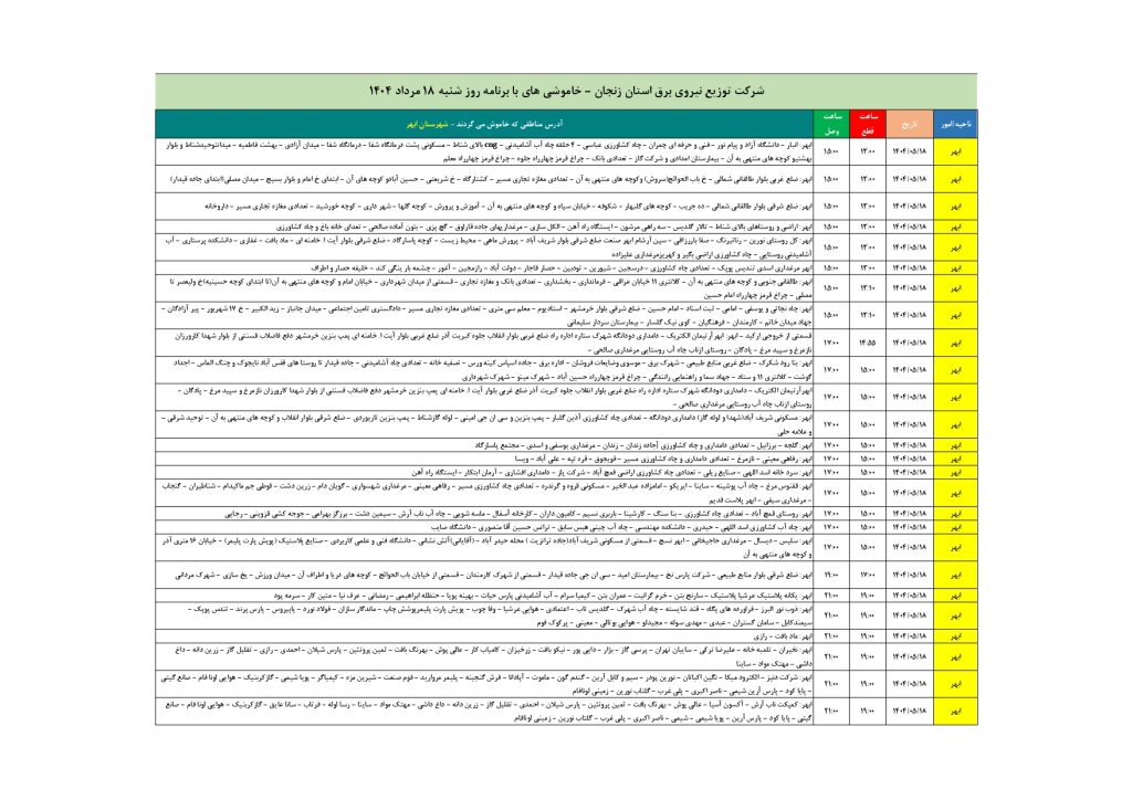 جدول قطعی برق زنجان امروز شنبه 18 مرداد 1404