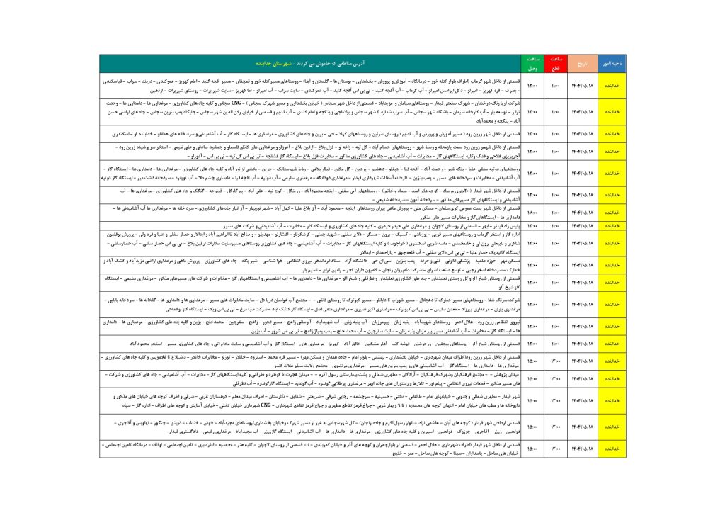 جدول قطعی برق زنجان امروز شنبه 18 مرداد 1404