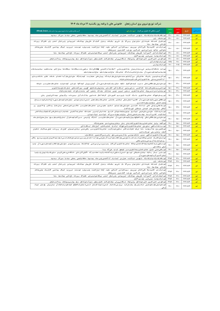 جدول قطعی برق زنجان امروز یکشنبه 12 مرداد 1404