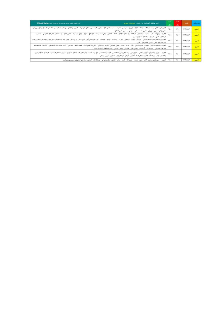 جدول قطعی برق زنجان امروز یکشنبه 12 مرداد 1404