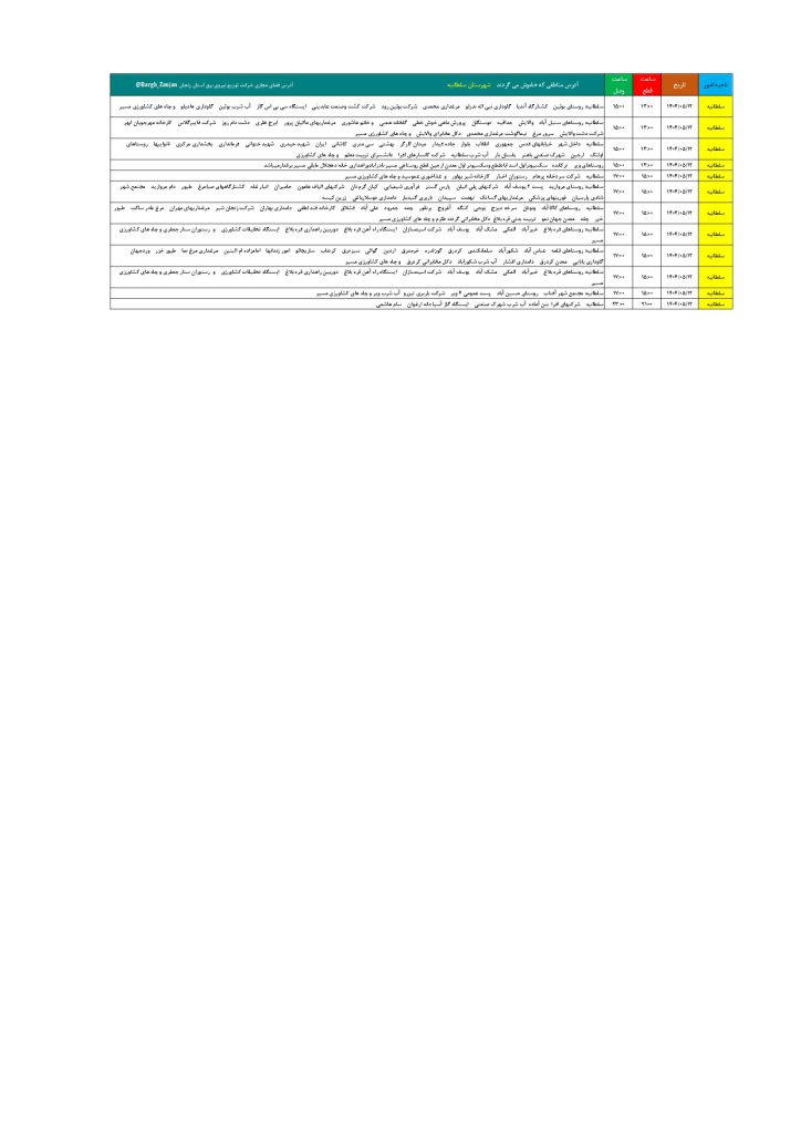 جدول قطعی برق زنجان امروز یکشنبه 12 مرداد 1404
