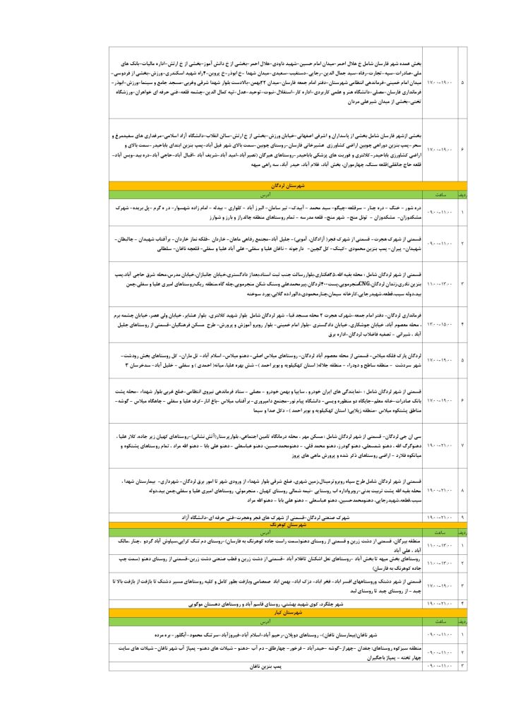 جدول قطعی برق شهرکرد امروز جمعه 17 مرداد 1404