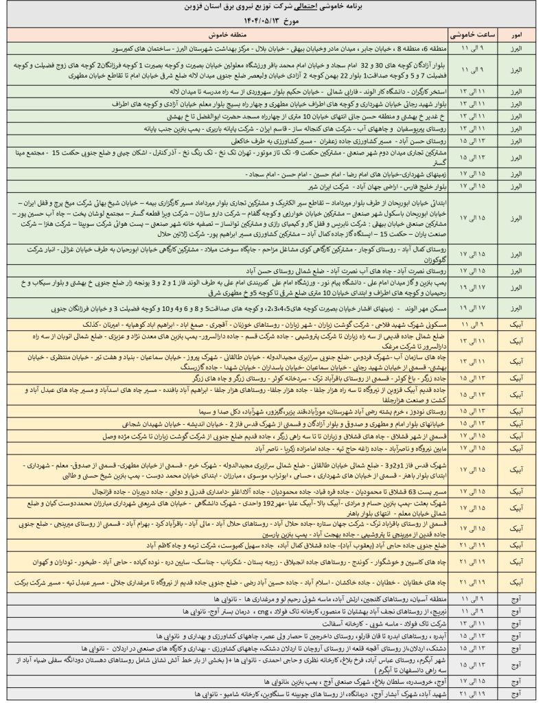 جدول قطعی برق قزوین امروز دوشنبه 13 مرداد 1404