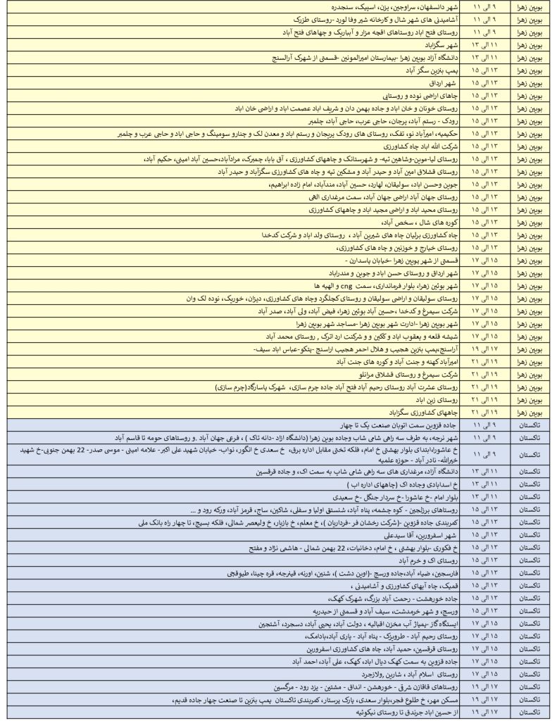 جدول قطعی برق قزوین امروز دوشنبه 13 مرداد 1404