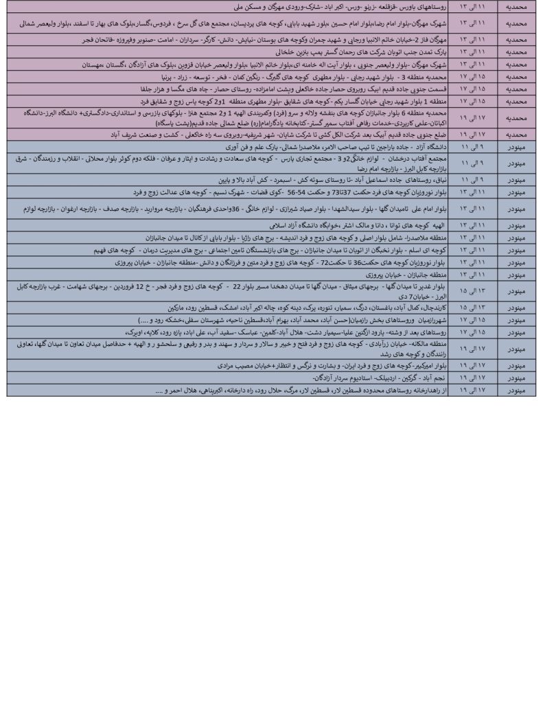 جدول قطعی برق قزوین امروز دوشنبه 13 مرداد 1404 جدول قطعی برق قزوین امروز دوشنبه 13 مرداد 1404