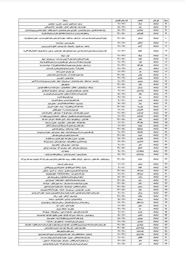 جدول قطعی برق کرمانشاه امروز جمعه 24 مرداد 1404