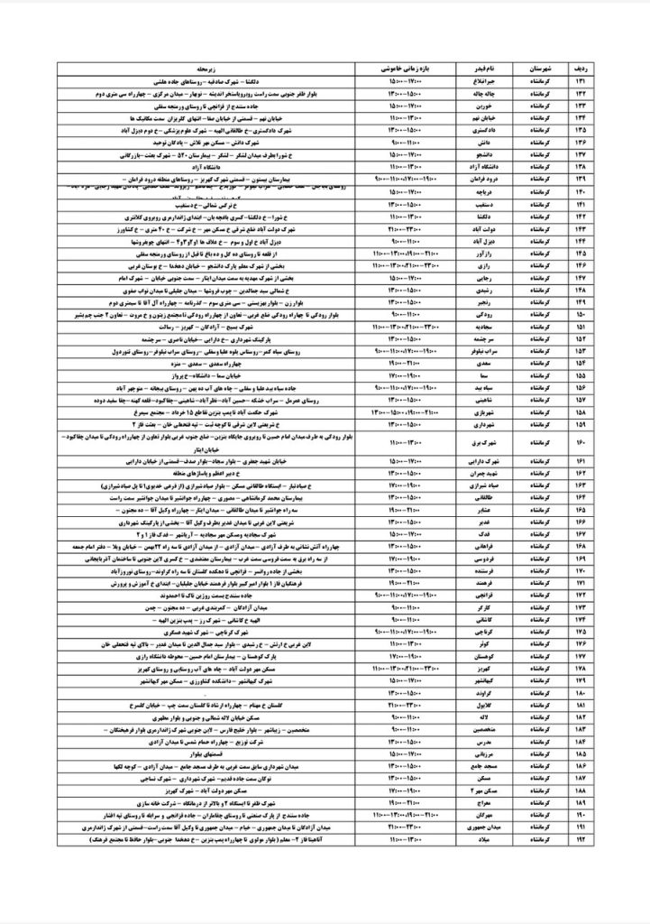 جدول قطعی برق کرمانشاه امروز دوشنبه 13 مرداد 1404