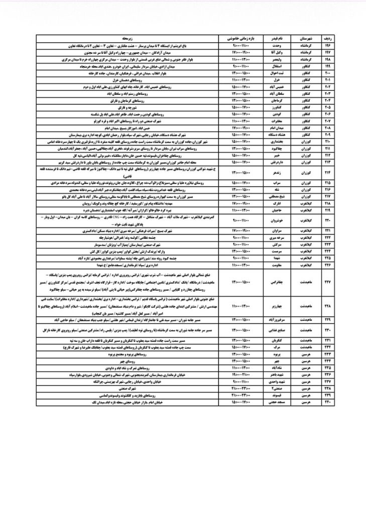 جدول قطعی برق کرمانشاه امروز دوشنبه 20 مرداد 1404