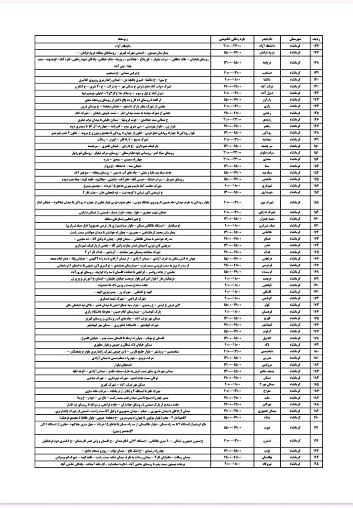 جدول قطعی برق کرمانشاه امروز دوشنبه 20 مرداد 1404