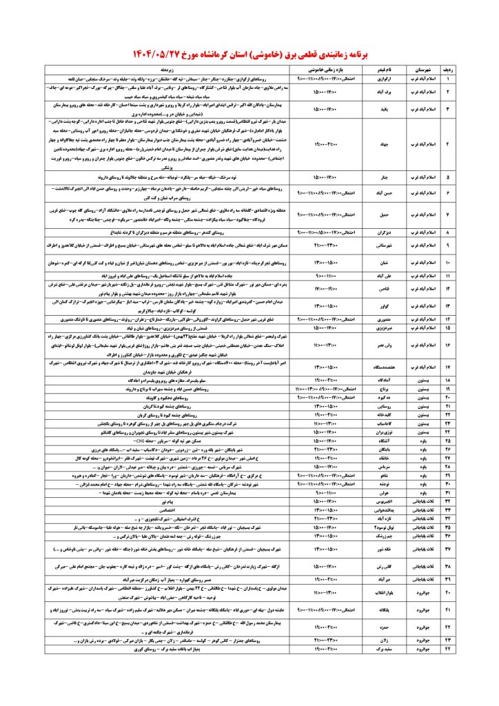 جدول قطعی برق کرمانشاه امروز دوشنبه 27 مرداد 1404