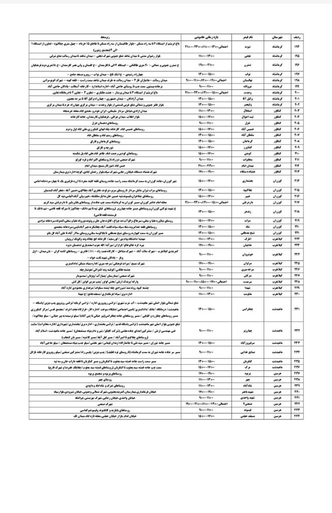 جدول قطعی برق کرمانشاه امروز سه شنبه 14 مرداد 1404
