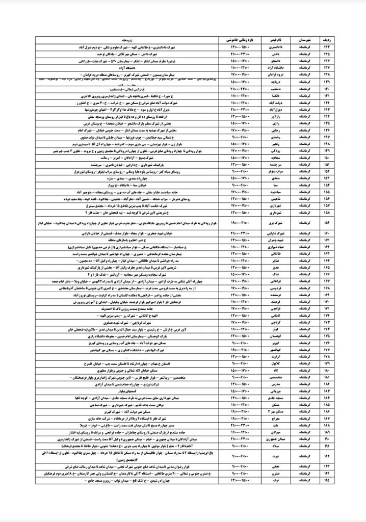 جدول قطعی برق کرمانشاه امروز سه شنبه 21 مرداد 1404