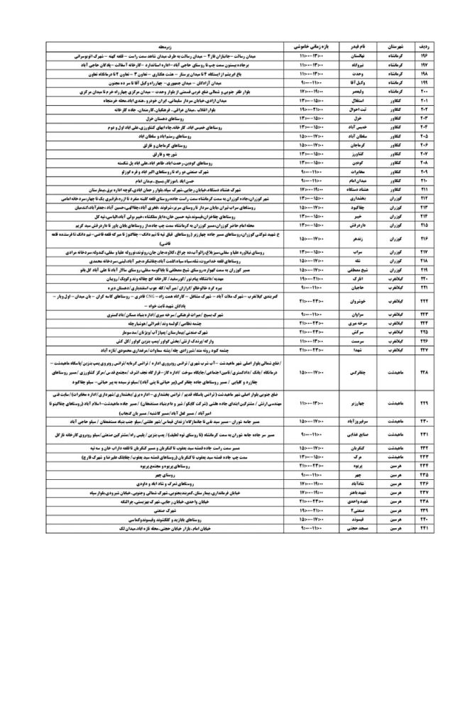جدول قطعی برق کرمانشاه امروز سه شنبه 21 مرداد 1404