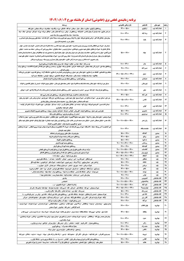 جدول قطعی برق کرمانشاه امروز سه شنبه 4 شهریور 1404 جدول قطعی برق کرمانشاه امروز سه شنبه 4 شهریور 1404
