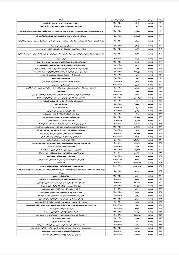 جدول قطعی برق کرمانشاه امروز شنبه 11 مرداد 1404