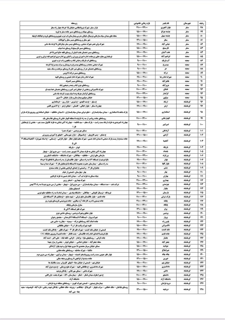 جدول قطعی برق کرمانشاه امروز شنبه 18 مرداد 1404