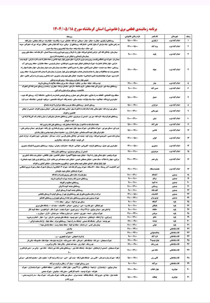 جدول قطعی برق کرمانشاه امروز شنبه 18 مرداد 1404 جدول قطعی برق کرمانشاه امروز شنبه 18 مرداد 1404