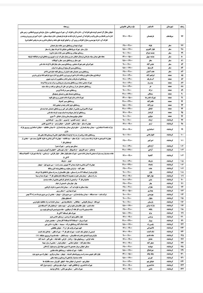 جدول قطعی برق کرمانشاه امروز پنجشنبه 23 مرداد 1404