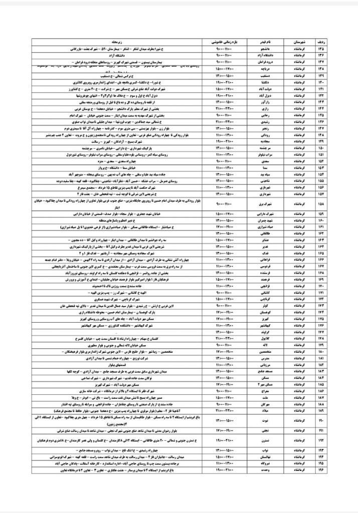 جدول قطعی برق کرمانشاه امروز پنجشنبه 23 مرداد 1404