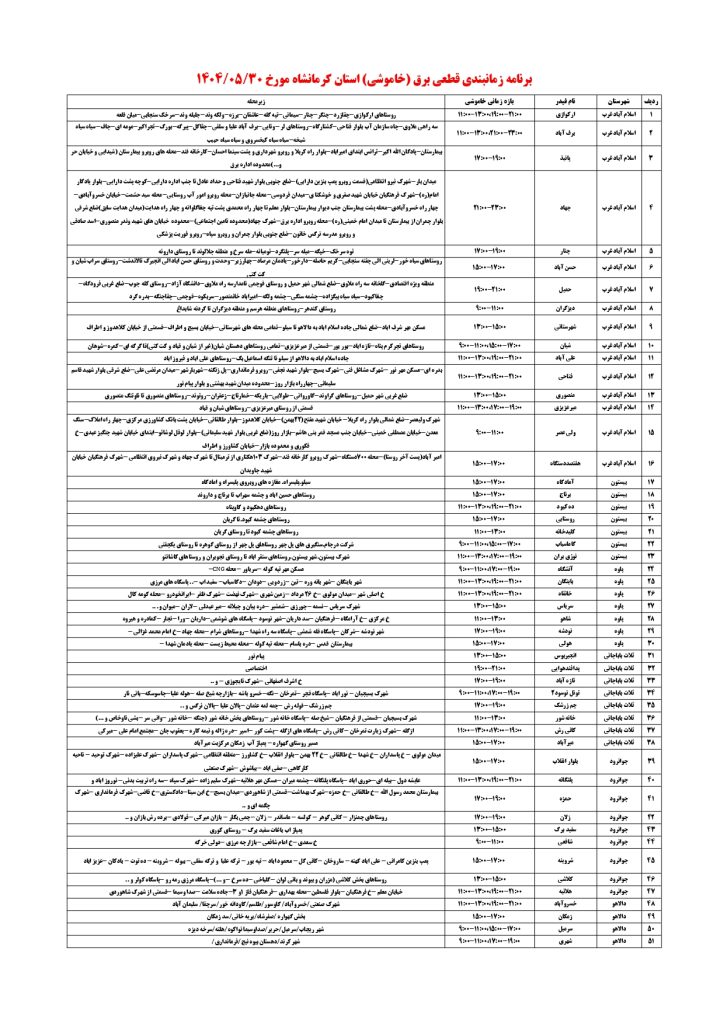 جدول قطعی برق کرمانشاه امروز پنجشنبه 30 مرداد 1404